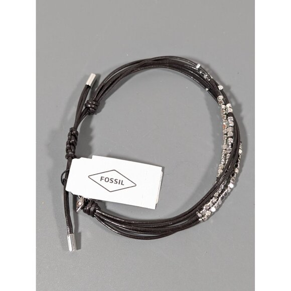 Fossil Black Leather Multi Cord Adjustable Bracelet Silver Tone Beads NEW - Picture 1 of 6
